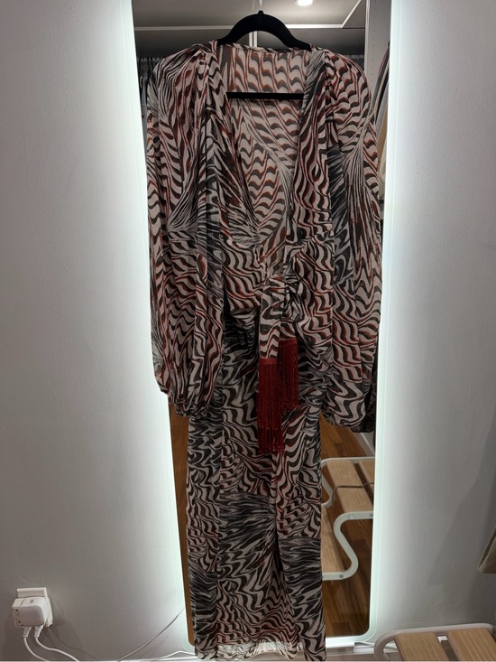 Musera Dresses & Skirts - Sheer Brown & Cream Printed Maxi Dress with Tassel Tie